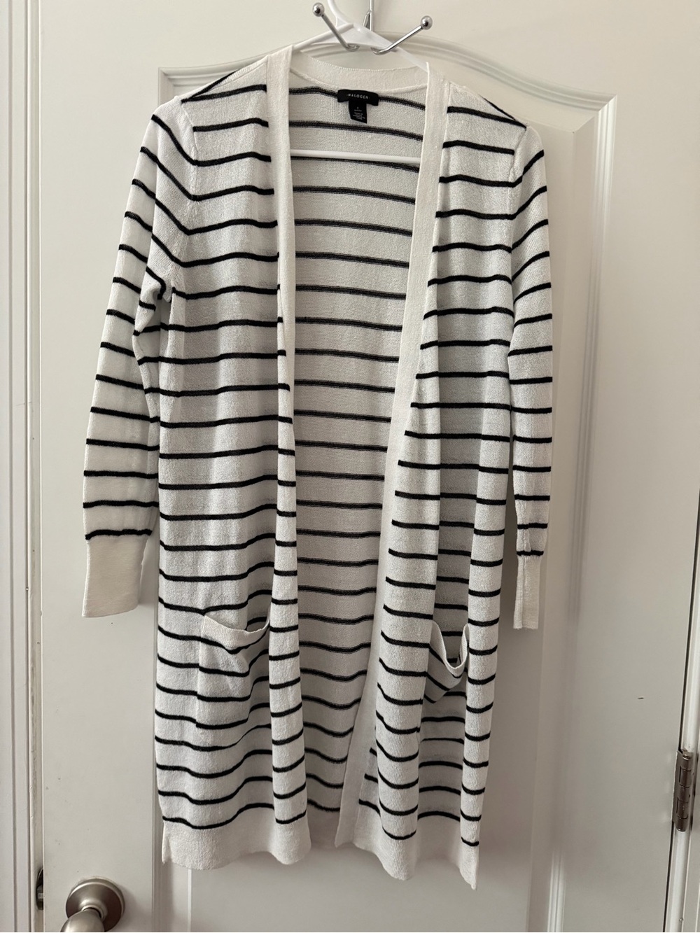Halogen Long Open Cardigan Duster White Black Stripe Size S Petite